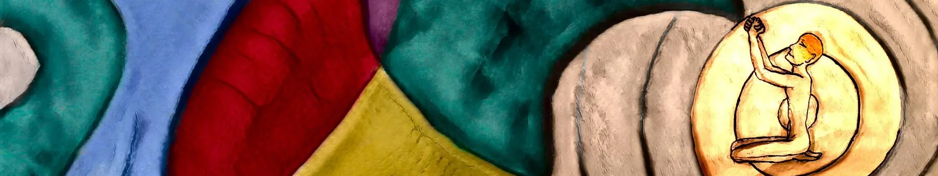 Praying figure in front of a cosmos of colours