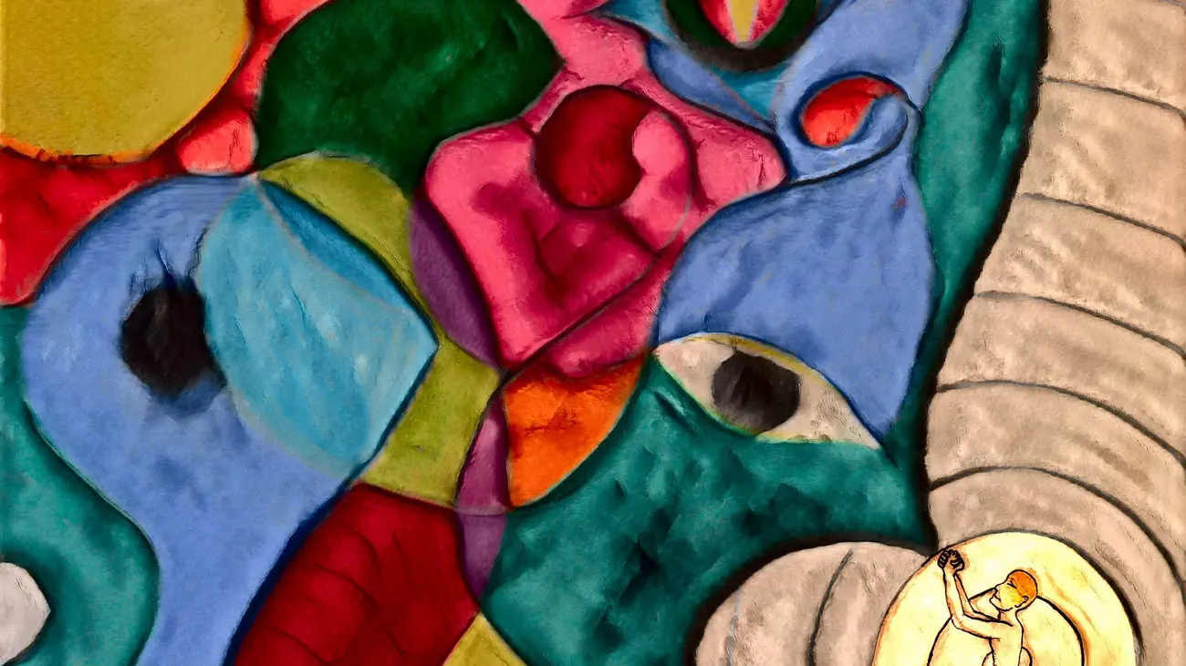 Praying figure in front of a cosmos of colours