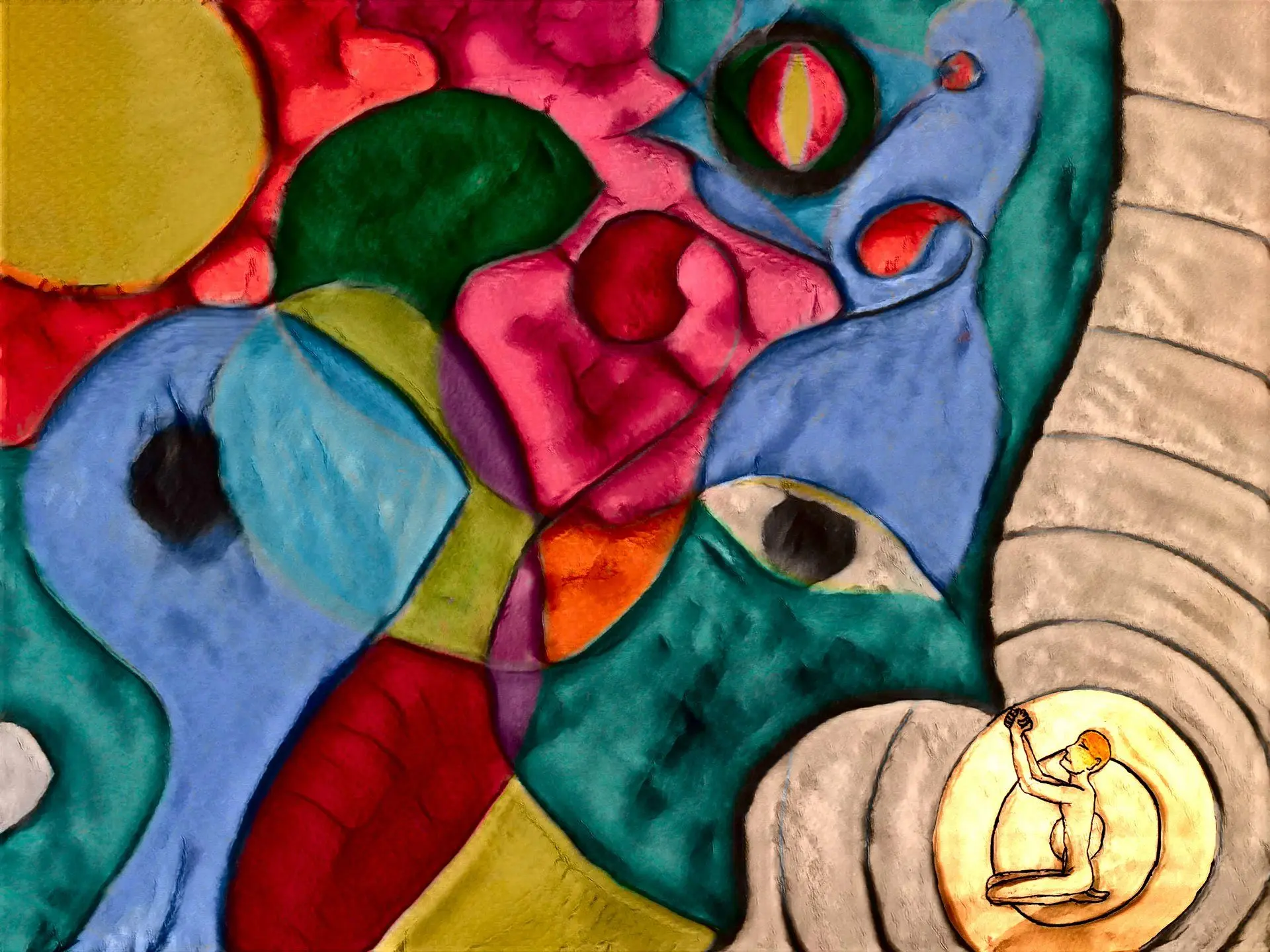 Praying figure in front of a cosmos of colours