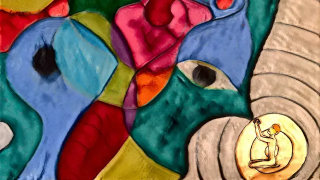 Betende Figur vor Farbenkosmos