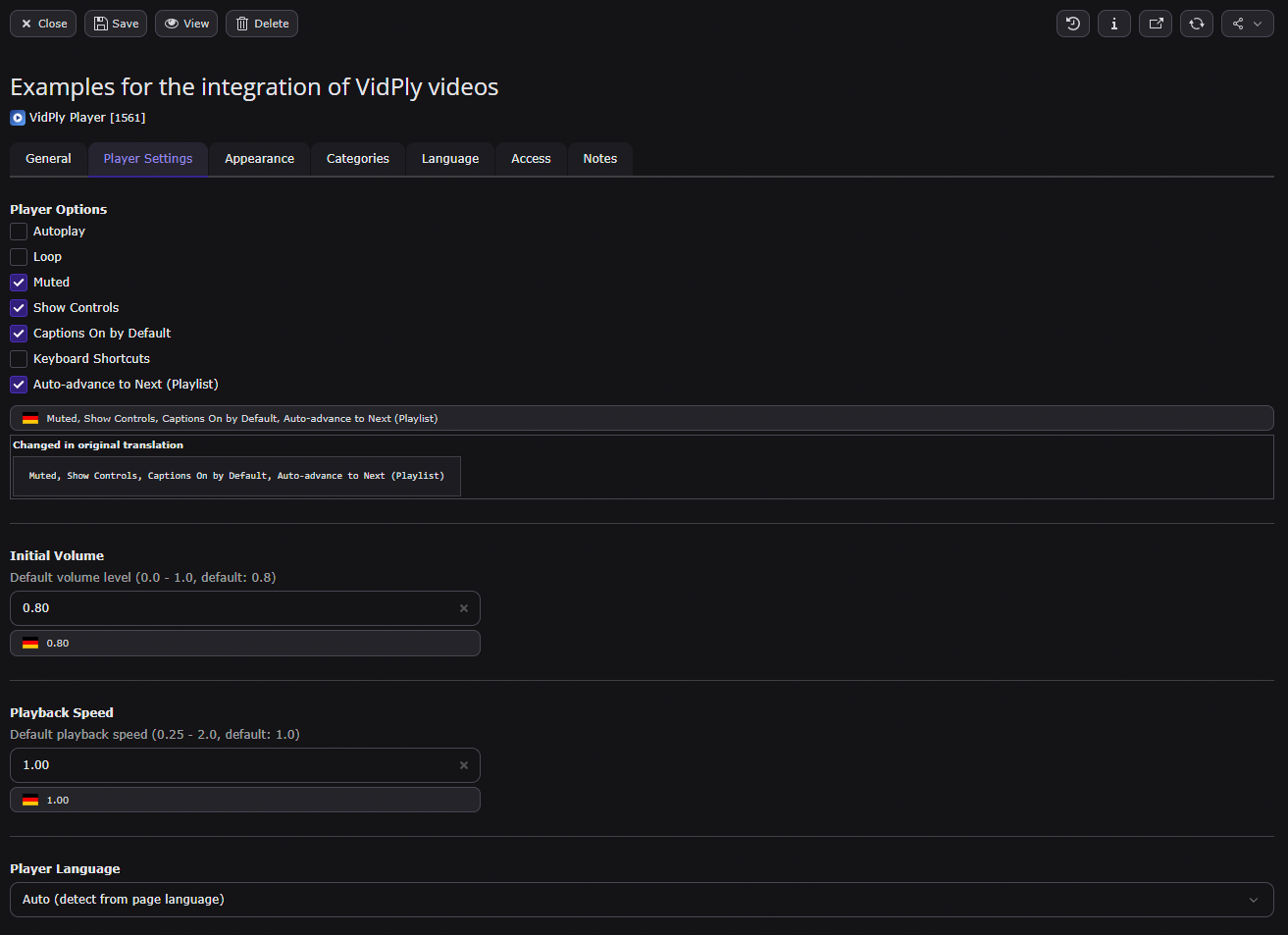 Backend: VidPly Player content element — media items selection and player options