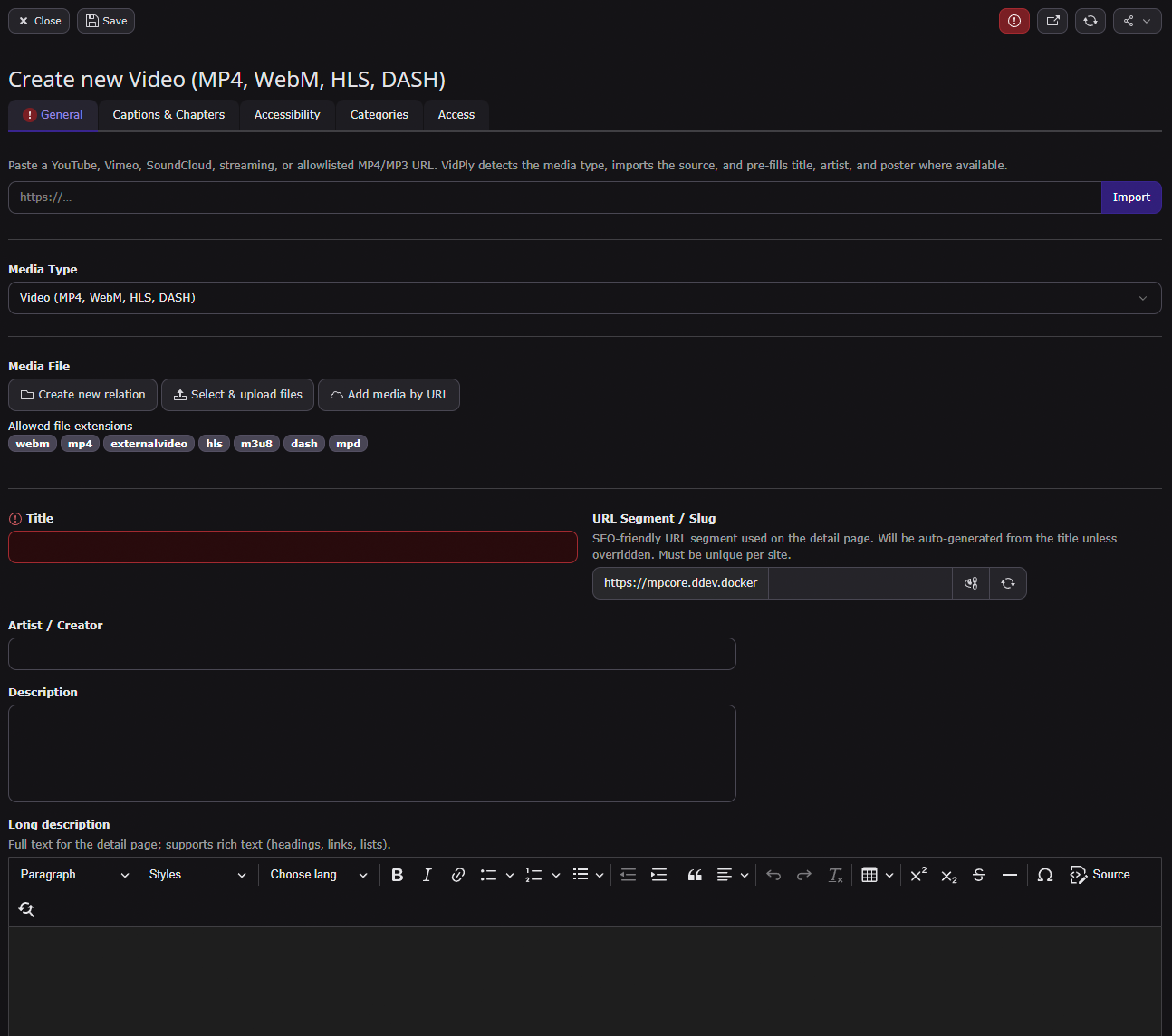 Backend: Import from URL on a new VidPly Media record — paste a media URL and click Import
