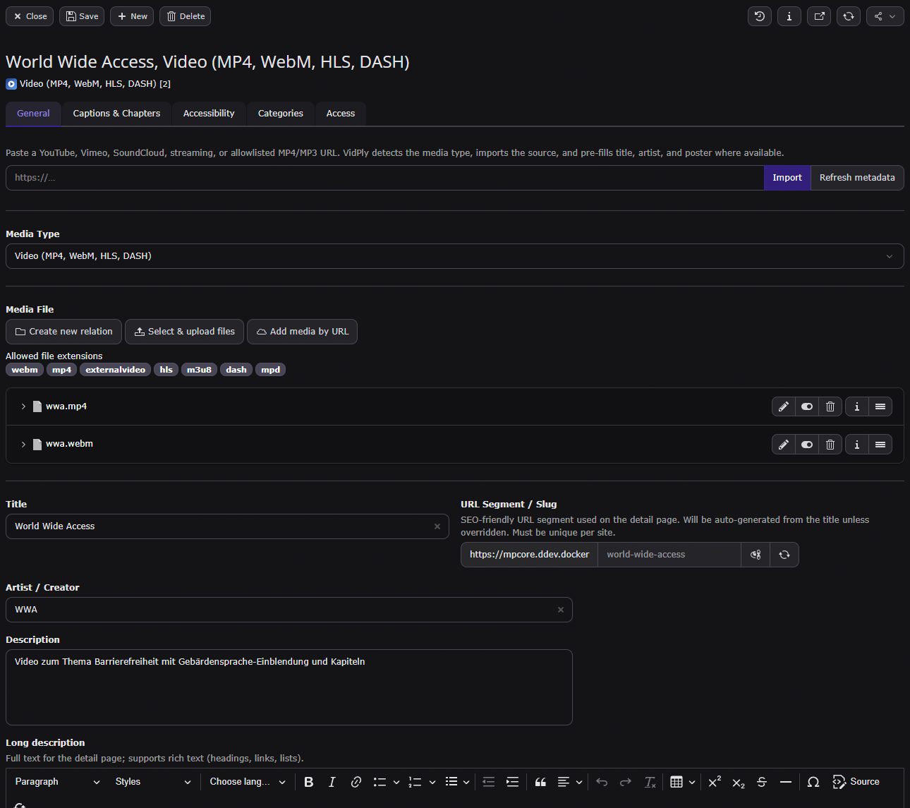 Backend: VidPly Media record — metadata palette with title, slug, categories, and poster fields