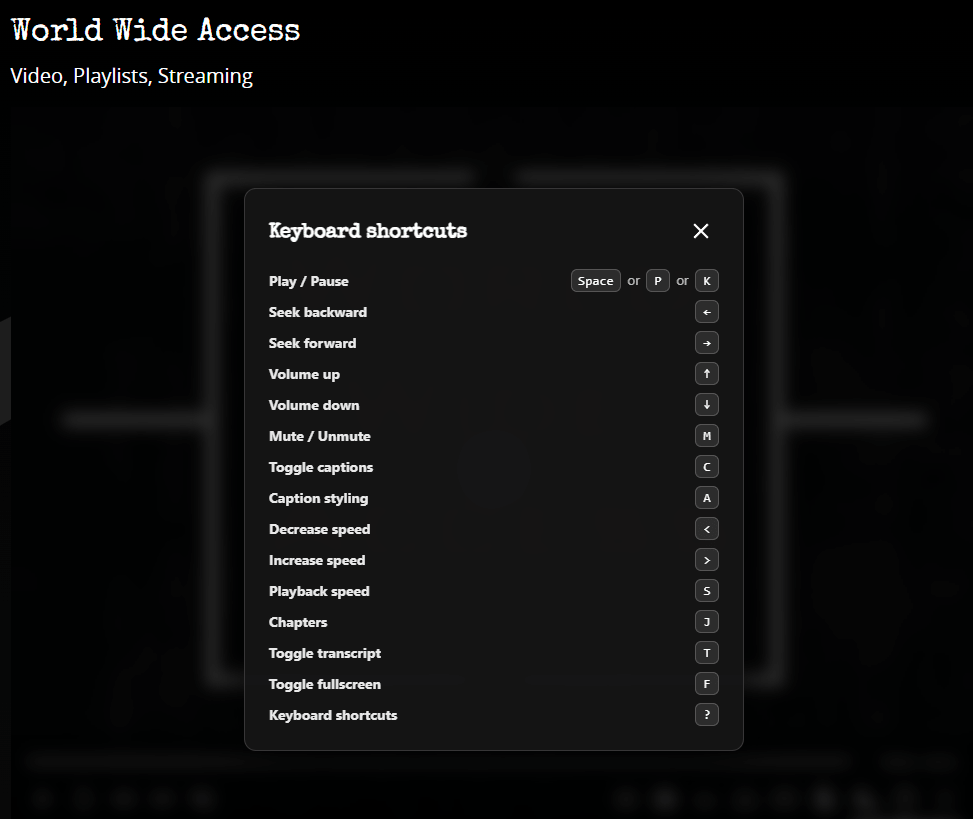 Keyboard shortcuts help dialog listing play, seek, volume, captions, and fullscreen keys