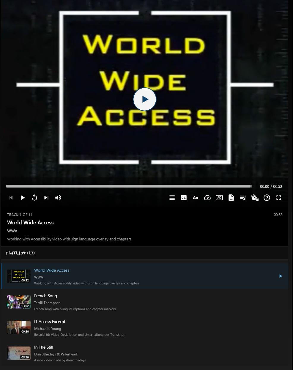 Mixed-media playlist with track panel — local, streaming, and external items